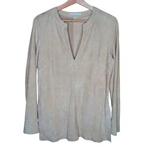 Banana Republic Light Tan Suede Blouse Leather Tunic Split V-Neck Medium Boho